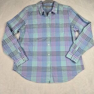 LL Bean Plaid Shirt Women's Large Green‎ Blue Gingham Button Up Shirt